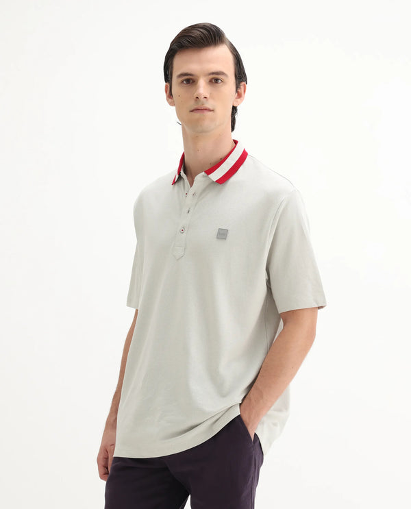 Rare Rabbit Men's Divide Light Grey Cotton Fabric Striped Collar Half Sleeves Polo T-Shirt