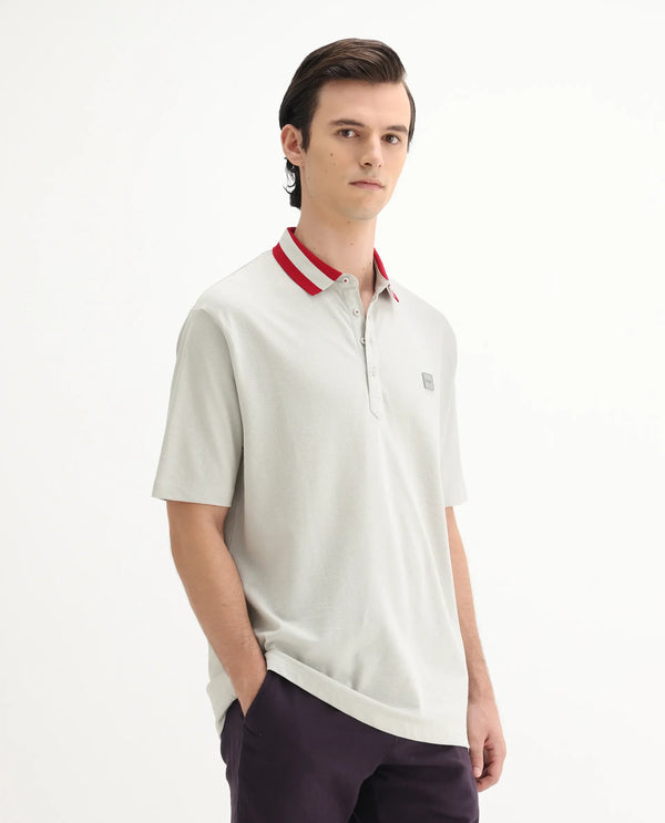 Rare Rabbit Men's Divide Light Grey Cotton Fabric Striped Collar Half Sleeves Polo T-Shirt