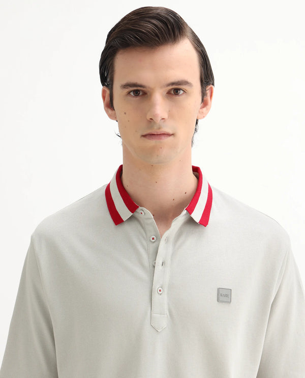 Rare Rabbit Men's Divide Light Grey Cotton Fabric Striped Collar Half Sleeves Polo T-Shirt