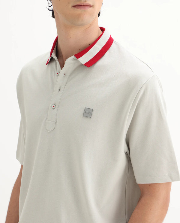 Rare Rabbit Men's Divide Light Grey Cotton Fabric Striped Collar Half Sleeves Polo T-Shirt
