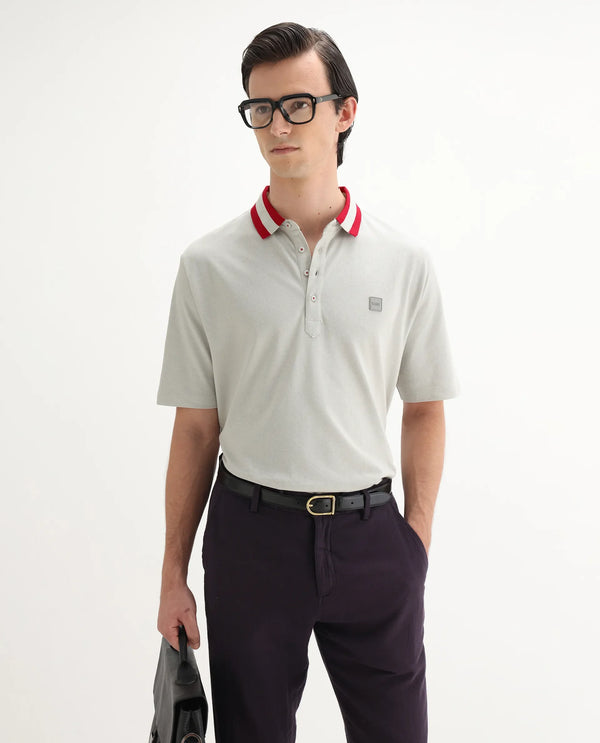 Rare Rabbit Men's Divide Light Grey Cotton Fabric Striped Collar Half Sleeves Polo T-Shirt