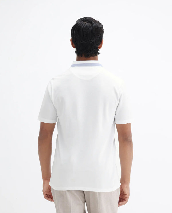 Rare Rabbit Men's Divide White Cotton Fabric Striped Collar Half Sleeves Polo T-Shirt