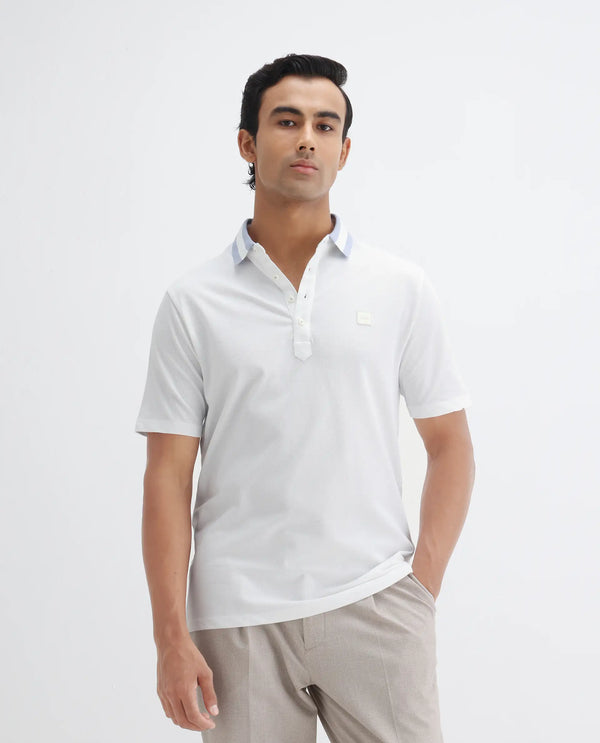 Rare Rabbit Men's Divide White Cotton Fabric Striped Collar Half Sleeves Polo T-Shirt