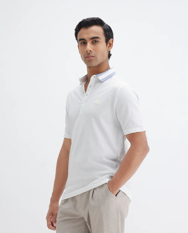 Rare Rabbit Men's Divide White Cotton Fabric Striped Collar Half Sleeves Polo T-Shirt