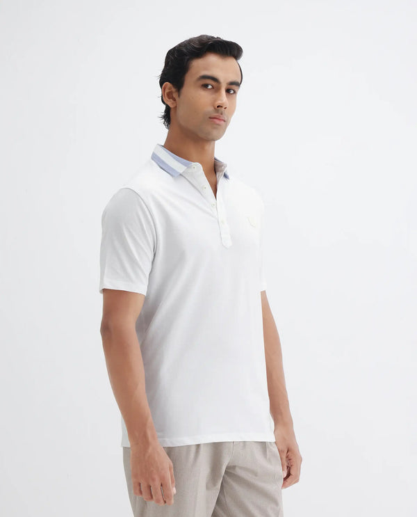 Rare Rabbit Men's Divide White Cotton Fabric Striped Collar Half Sleeves Polo T-Shirt
