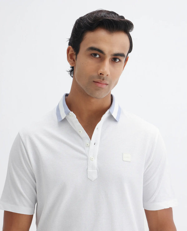 Rare Rabbit Men's Divide White Cotton Fabric Striped Collar Half Sleeves Polo T-Shirt
