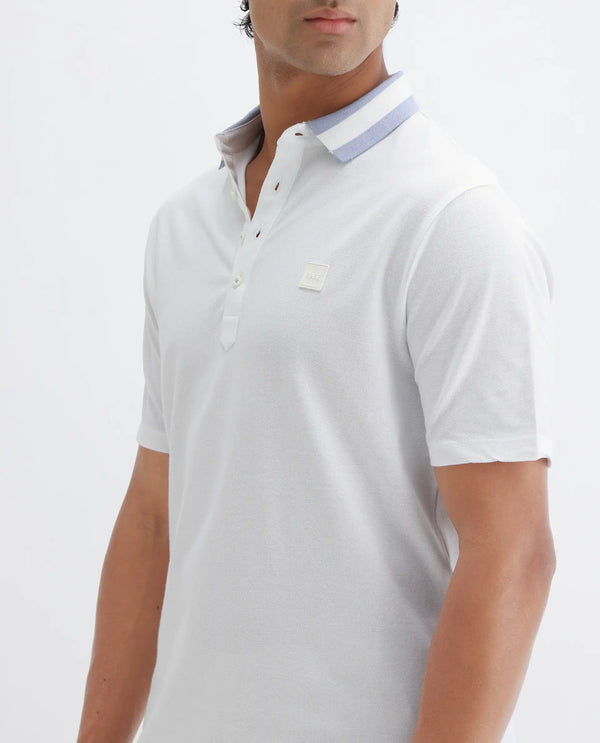 Rare Rabbit Men's Divide White Cotton Fabric Striped Collar Half Sleeves Polo T-Shirt