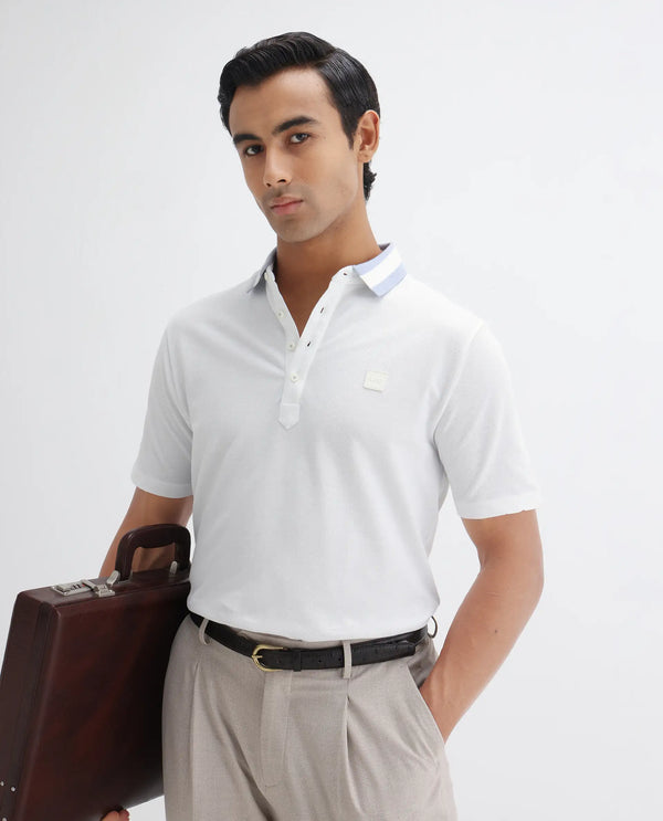 Rare Rabbit Men's Divide White Cotton Fabric Striped Collar Half Sleeves Polo T-Shirt