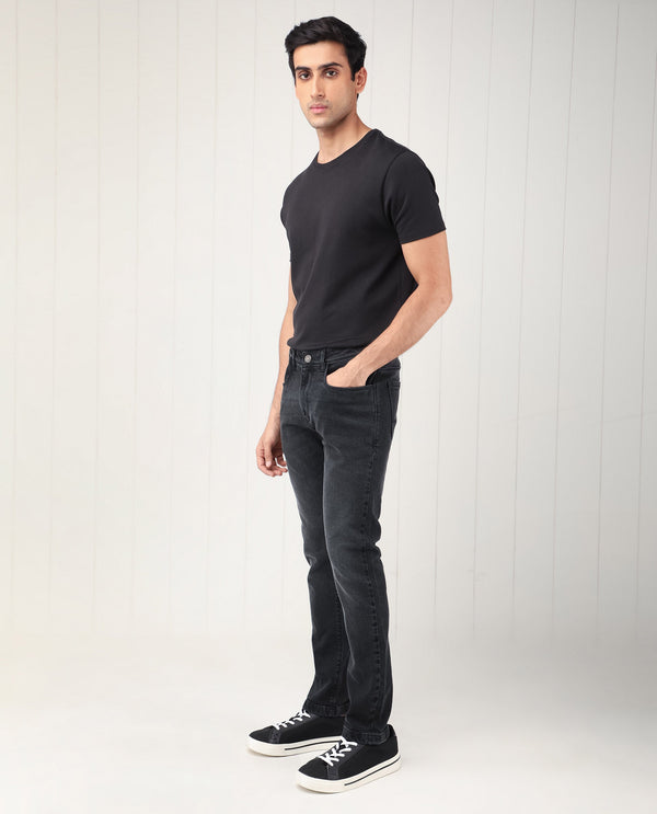 Rare Rabbit Men's Divi Grey Dark Wash Mid-Rise Slim Fit Jeans