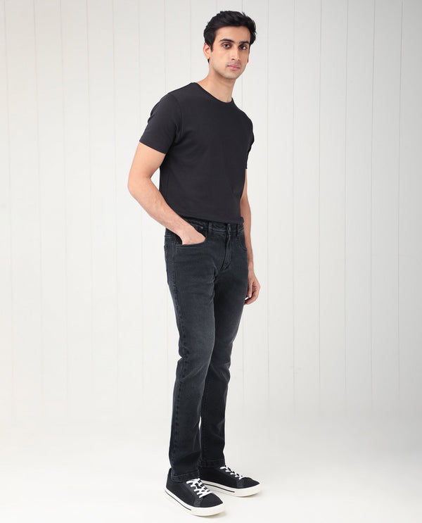 Rare Rabbit Men's Divi Grey Dark Wash Mid-Rise Slim Fit Jeans