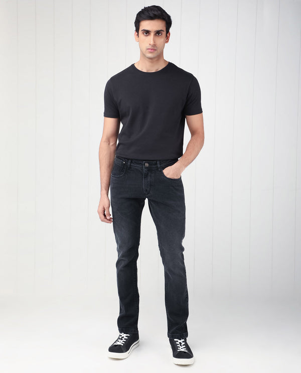 Rare Rabbit Men's Divi Grey Dark Wash Mid-Rise Slim Fit Jeans