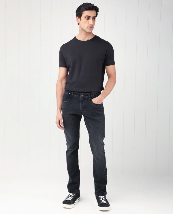 Rare Rabbit Men's Divi Grey Dark Wash Mid-Rise Slim Fit Jeans