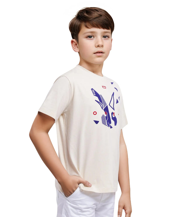 Rare Ones Kids Div Off White Cotton Short Sleeve Crew Neck Regular Fit Flock Print T-Shirt