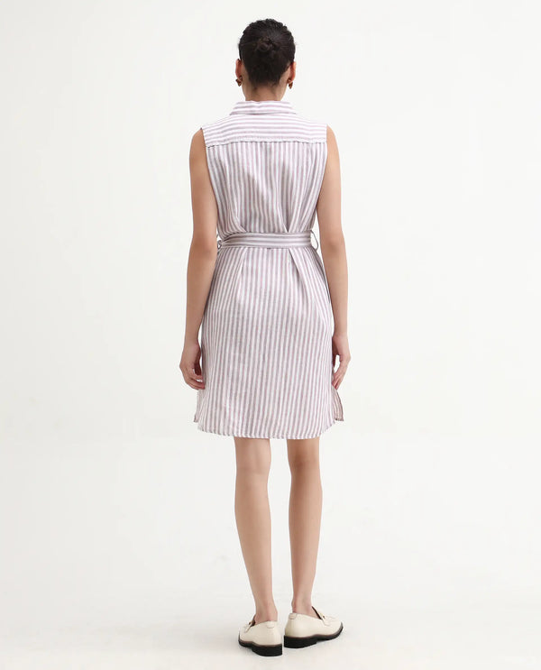 Rareism Women Divz Pastel Purple Striped Shirt Collar Front Button Closure With Waist Belt And Pockets Midi Dress