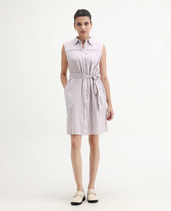 Rareism Women Divz Pastel Purple Striped Shirt Collar Front Button Closure With Waist Belt And Pockets Midi Dress