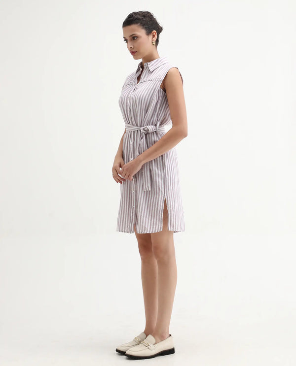 Rareism Women Divz Pastel Purple Striped Shirt Collar Front Button Closure With Waist Belt And Pockets Midi Dress
