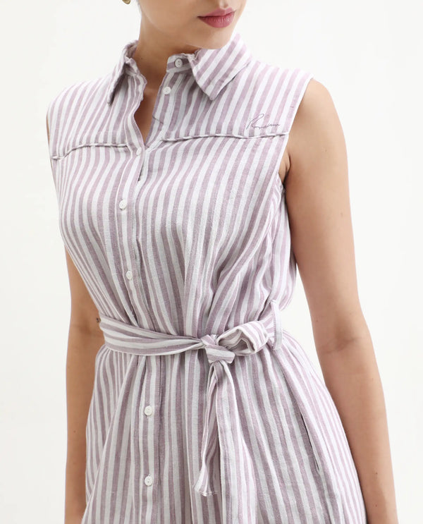 Rareism Women Divz Pastel Purple Striped Shirt Collar Front Button Closure With Waist Belt And Pockets Midi Dress