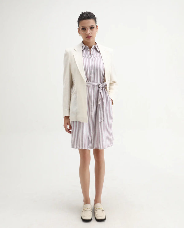 Rareism Women Divz Pastel Purple Striped Shirt Collar Front Button Closure With Waist Belt And Pockets Midi Dress