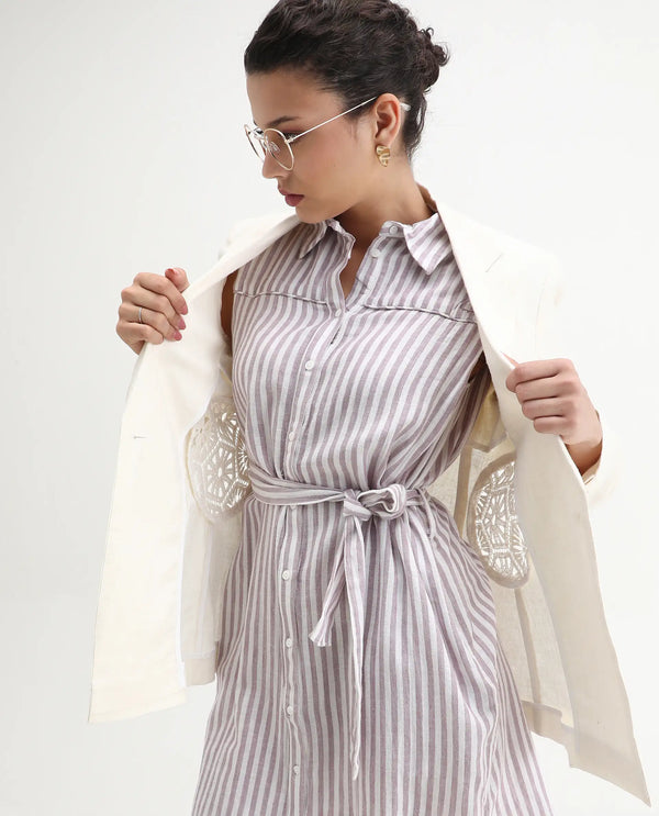 Rareism Women Divz Pastel Purple Striped Shirt Collar Front Button Closure With Waist Belt And Pockets Midi Dress
