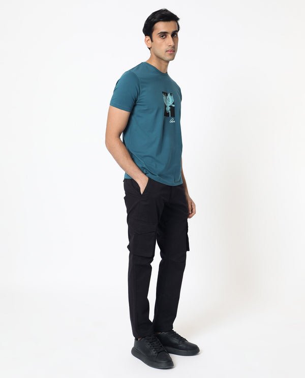 Rare Rabbit Men's Dixie Blue Crew Neck Floral Discharge Print Half Sleeves Slim Fit T-Shirt