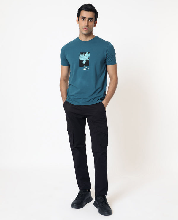 Rare Rabbit Men's Dixie Blue Crew Neck Floral Discharge Print Half Sleeves Slim Fit T-Shirt