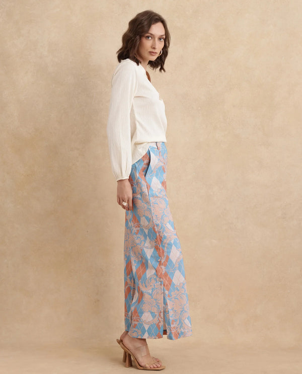 Rareism Women Diyan Light Multi Button Closure Wide Fit Ankle Length Geometric Print Trouser