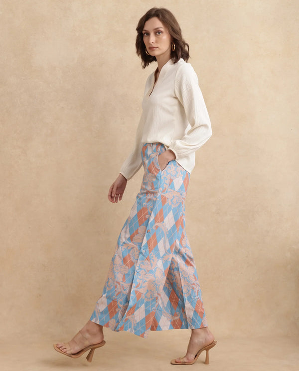 Rareism Women Diyan Light Multi Button Closure Wide Fit Ankle Length Geometric Print Trouser