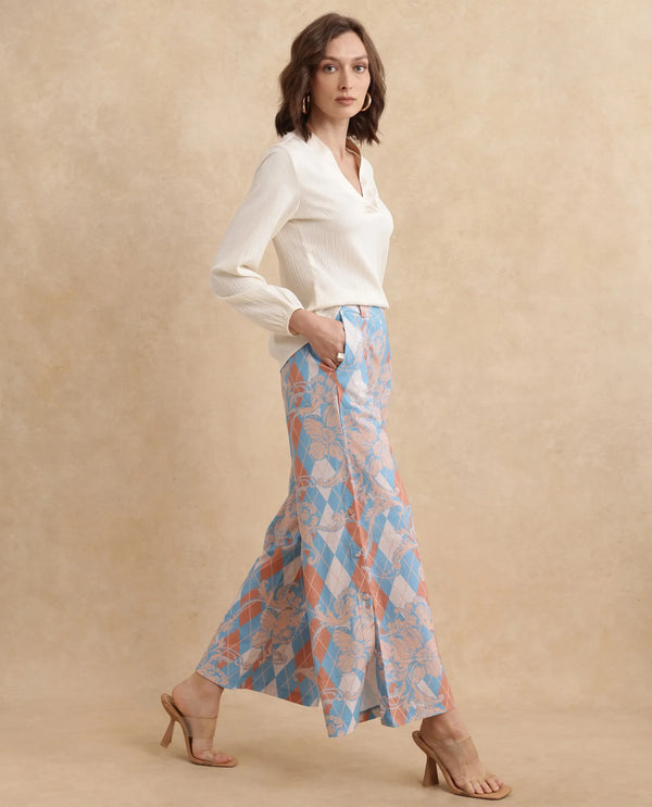 Rareism Women Diyan Light Multi Button Closure Wide Fit Ankle Length Geometric Print Trouser