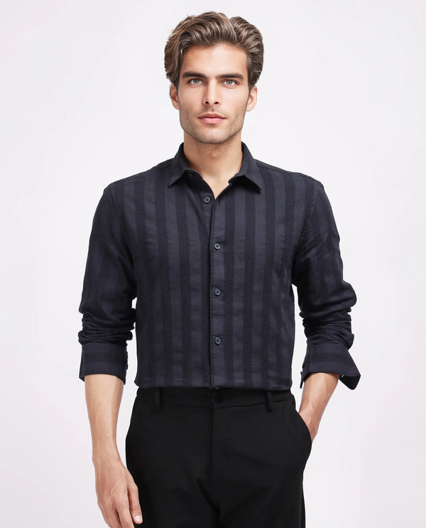 Rare Rabbit Men's Dobbiz Black Cotton Fabric Full Sleeve Collared Neck Button Closure Stripe Shirt