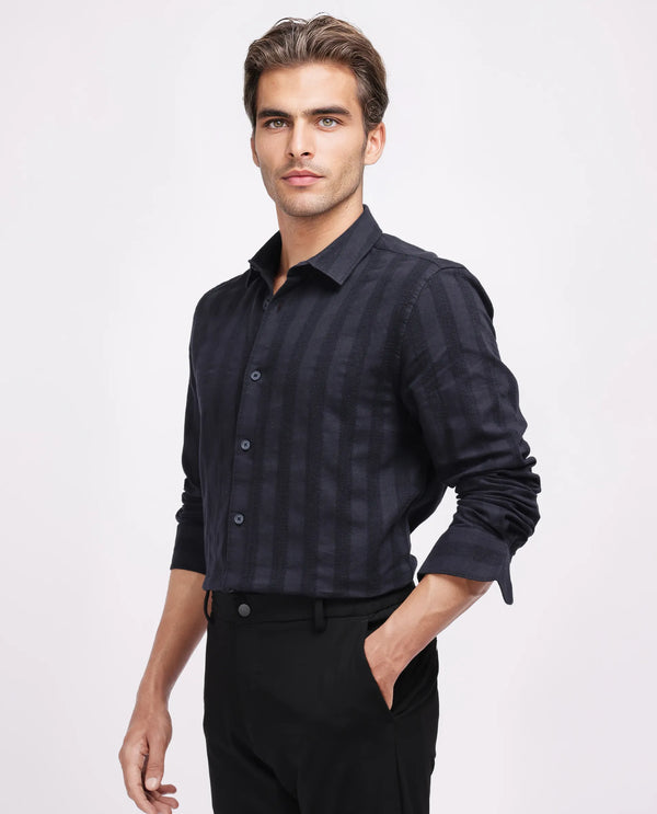 Rare Rabbit Men's Dobbiz Black Cotton Fabric Full Sleeve Collared Neck Button Closure Stripe Shirt