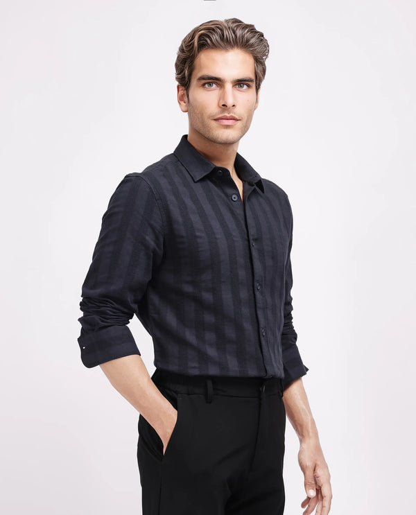Rare Rabbit Men's Dobbiz Black Cotton Fabric Full Sleeve Collared Neck Button Closure Stripe Shirt