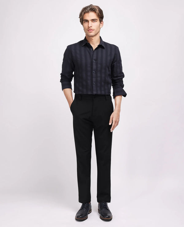 Rare Rabbit Men's Dobbiz Black Cotton Fabric Full Sleeve Collared Neck Button Closure Stripe Shirt
