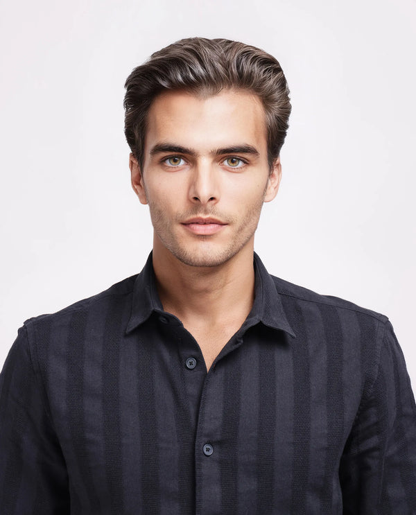 Rare Rabbit Men's Dobbiz Black Cotton Fabric Full Sleeve Collared Neck Button Closure Stripe Shirt