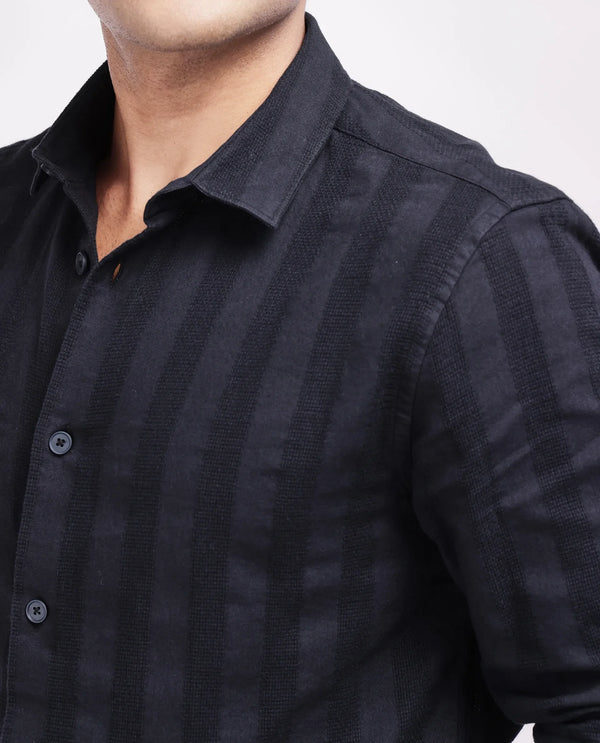 Rare Rabbit Men's Dobbiz Black Cotton Fabric Full Sleeve Collared Neck Button Closure Stripe Shirt