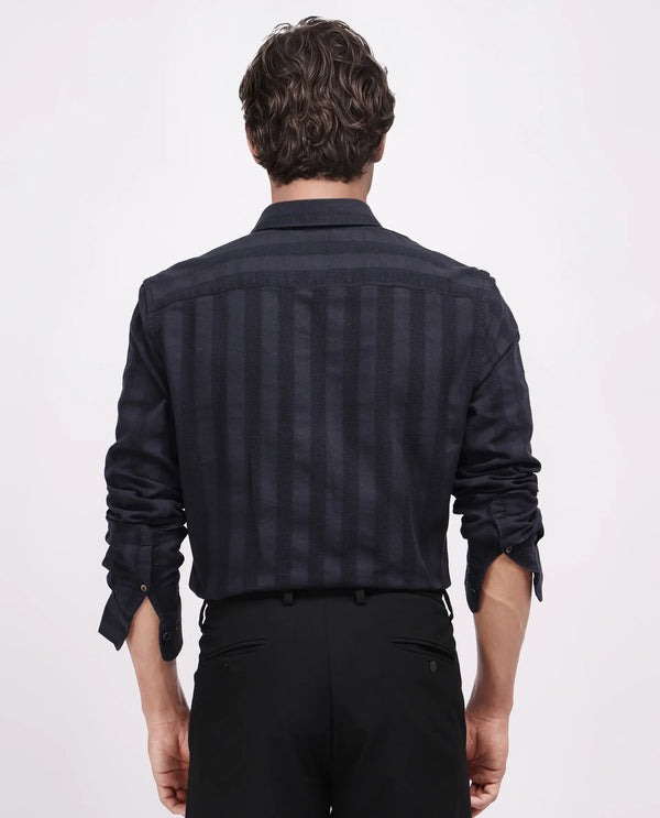 Rare Rabbit Men's Dobbiz Black Cotton Fabric Full Sleeve Collared Neck Button Closure Stripe Shirt