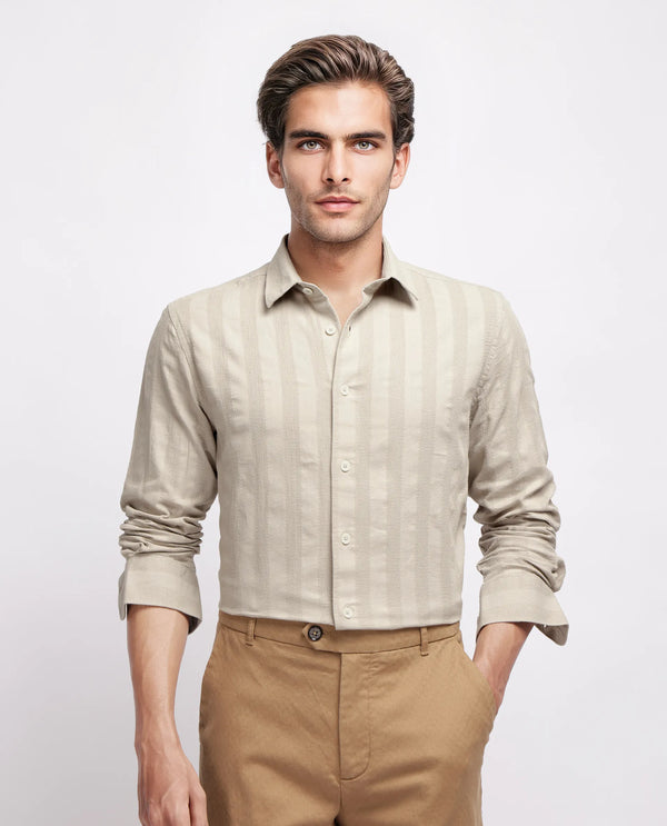 Rare Rabbit Men's Dobbiz Dark Beige Cotton Fabric Full Sleeve Collared Neck Button Closure Stripe Shirt