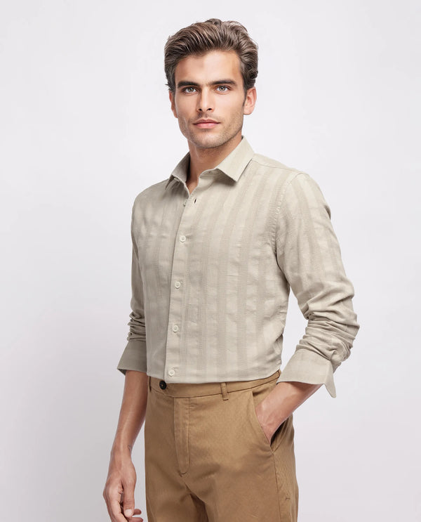 Rare Rabbit Men's Dobbiz Dark Beige Cotton Fabric Full Sleeve Collared Neck Button Closure Stripe Shirt