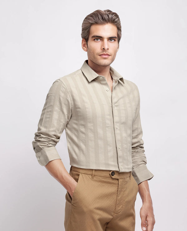 Rare Rabbit Men's Dobbiz Dark Beige Cotton Fabric Full Sleeve Collared Neck Button Closure Stripe Shirt