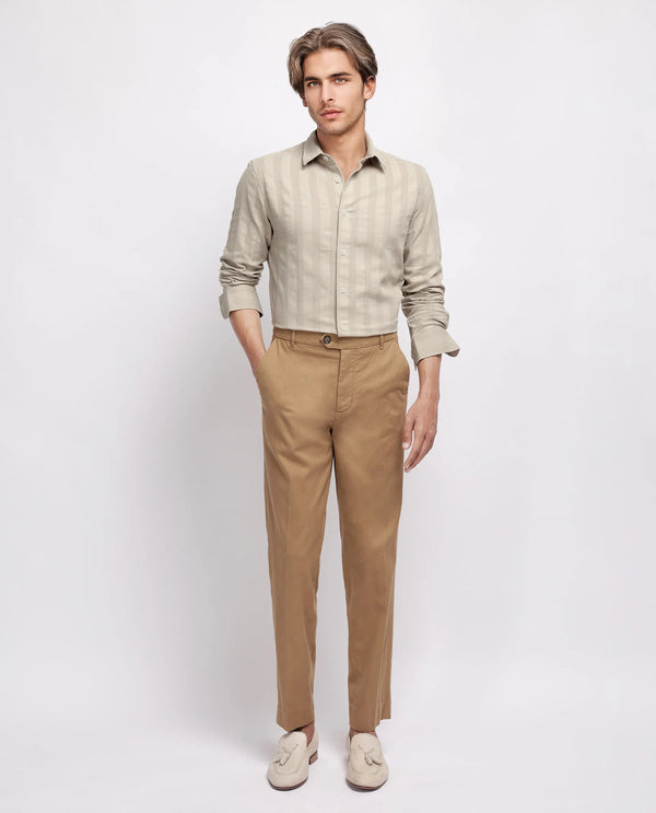 Rare Rabbit Men's Dobbiz Dark Beige Cotton Fabric Full Sleeve Collared Neck Button Closure Stripe Shirt