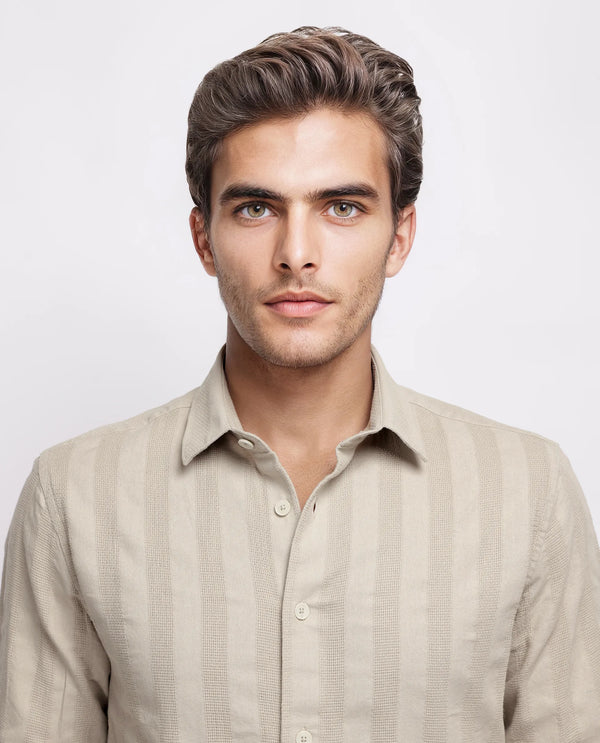 Rare Rabbit Men's Dobbiz Dark Beige Cotton Fabric Full Sleeve Collared Neck Button Closure Stripe Shirt