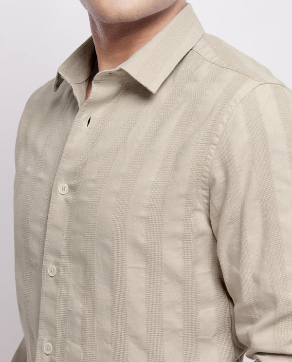 Rare Rabbit Men's Dobbiz Dark Beige Cotton Fabric Full Sleeve Collared Neck Button Closure Stripe Shirt