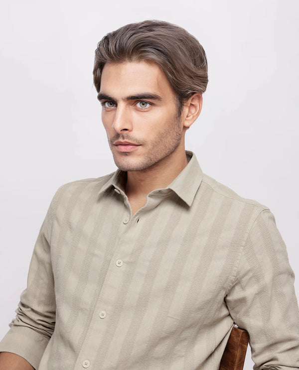 Rare Rabbit Men's Dobbiz Dark Beige Cotton Fabric Full Sleeve Collared Neck Button Closure Stripe Shirt