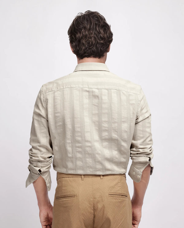 Rare Rabbit Men's Dobbiz Dark Beige Cotton Fabric Full Sleeve Collared Neck Button Closure Stripe Shirt