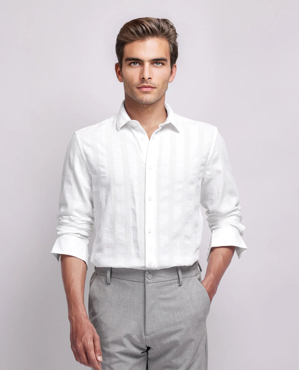 Rare Rabbit Men's Dobbiz White Cotton Fabric Full Sleeve Collared Neck Button Closure Striped Shirt
