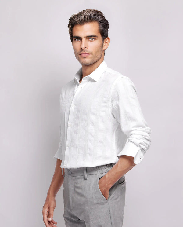 Rare Rabbit Men's Dobbiz White Cotton Fabric Full Sleeve Collared Neck Button Closure Striped Shirt