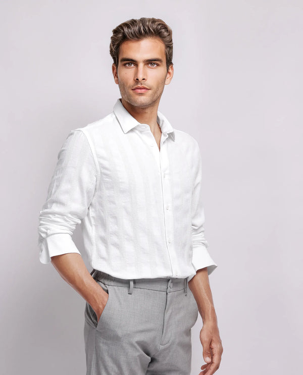 Rare Rabbit Men's Dobbiz White Cotton Fabric Full Sleeve Collared Neck Button Closure Striped Shirt