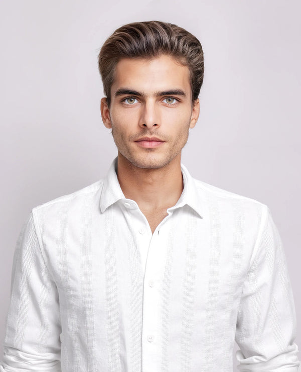 Rare Rabbit Men's Dobbiz White Cotton Fabric Full Sleeve Collared Neck Button Closure Striped Shirt