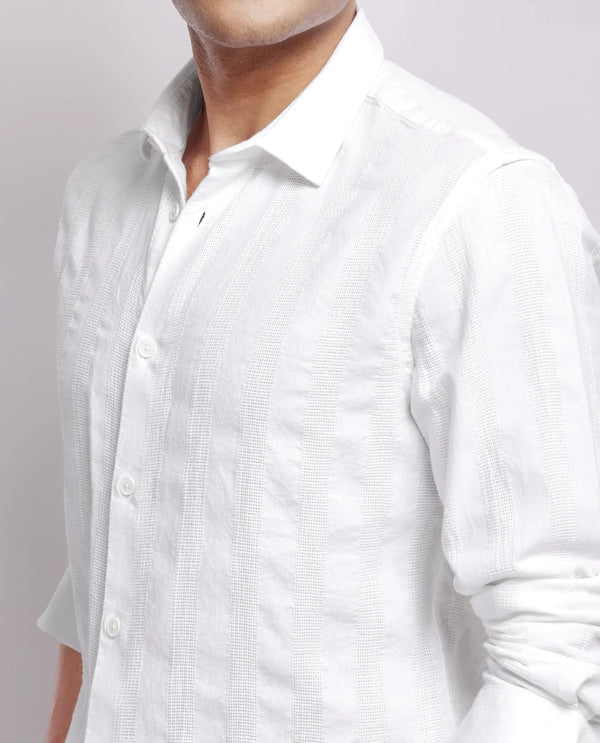 Rare Rabbit Men's Dobbiz White Cotton Fabric Full Sleeve Collared Neck Button Closure Striped Shirt