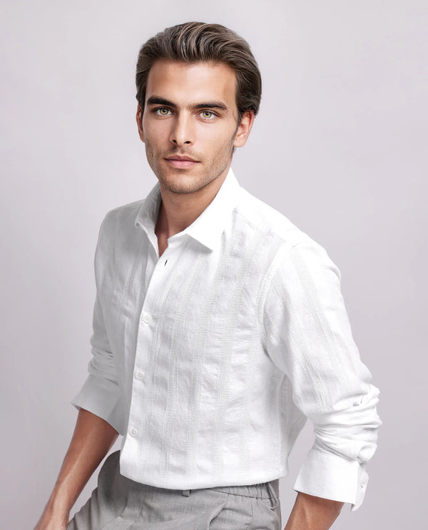 Rare Rabbit Men's Dobbiz White Cotton Fabric Full Sleeve Collared Neck Button Closure Striped Shirt