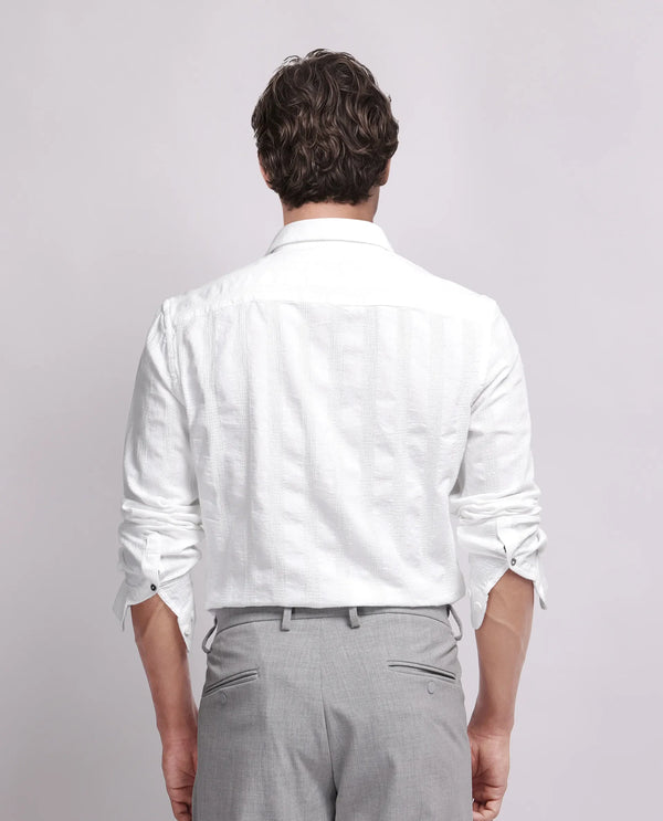 Rare Rabbit Men's Dobbiz White Cotton Fabric Full Sleeve Collared Neck Button Closure Striped Shirt